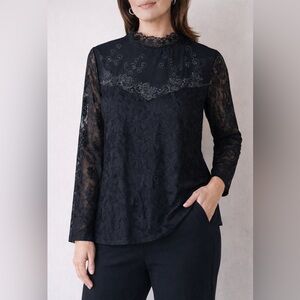 Victorian Style High Neck Black Lace Long Sleeve Blouse Size Small - whimsigoth